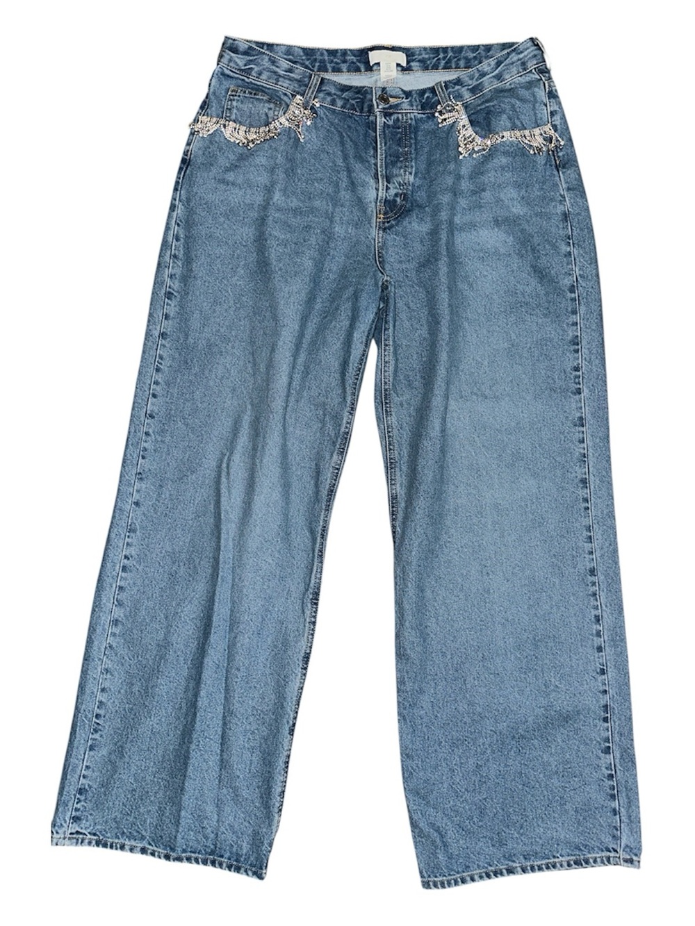 H&M Women’s Light Blue Wide-Leg Jeans with Embellished Pocket Detail Size 14